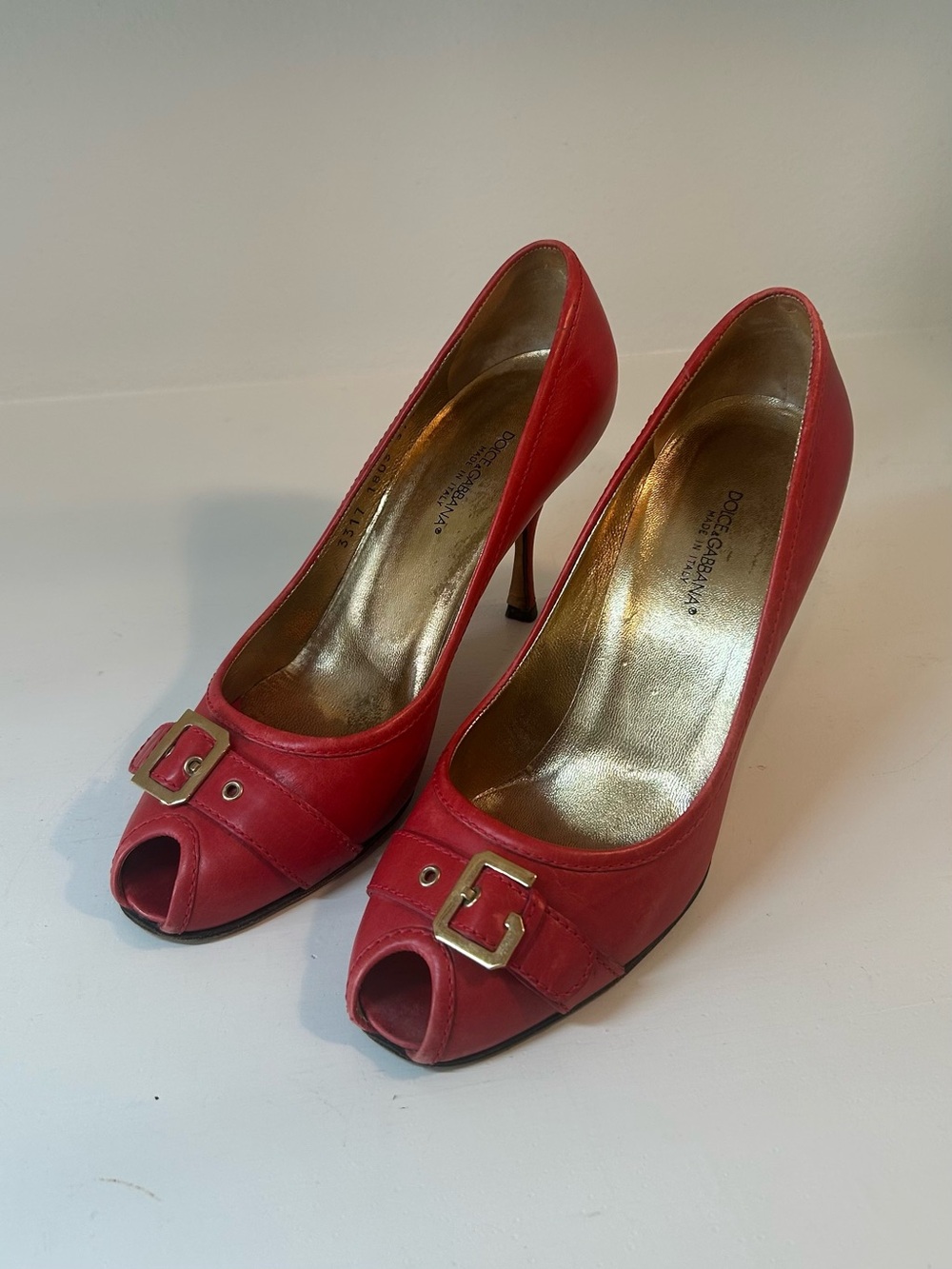 Dolce & Gabbana D&G Red Leather Peep Toe Buckle Heels 37.5 Made in Italy